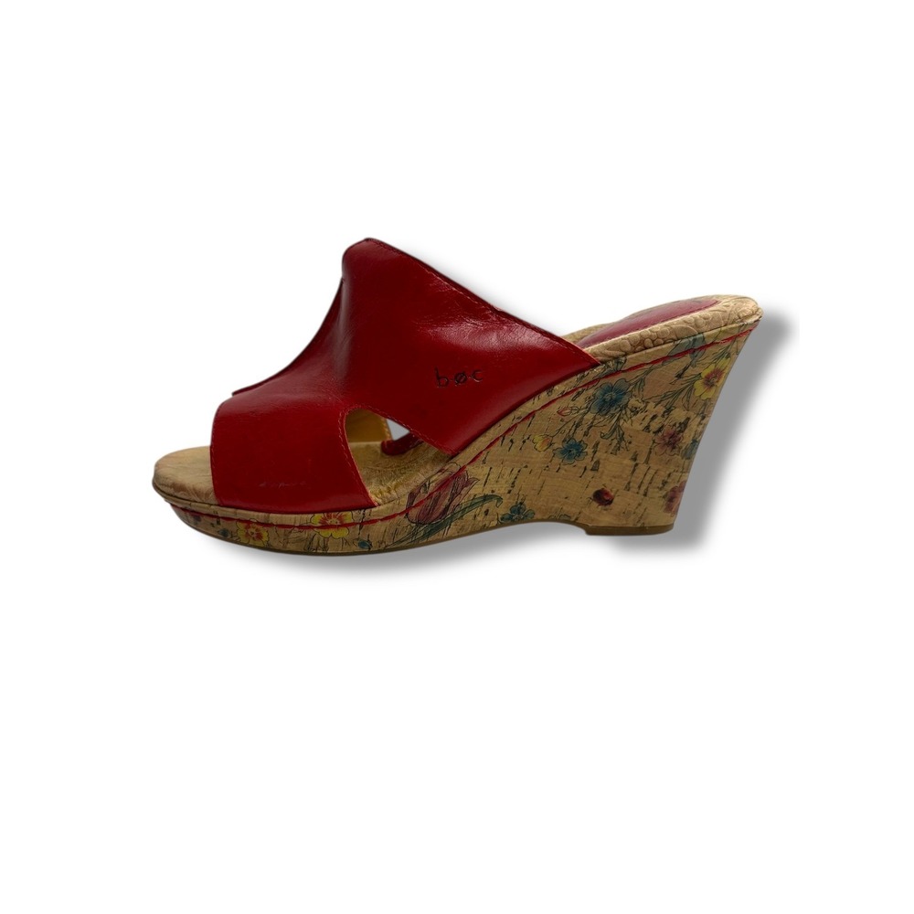 BOC Born Concept Red Leather Floral Cork Wedge Mules Women's Size 8M